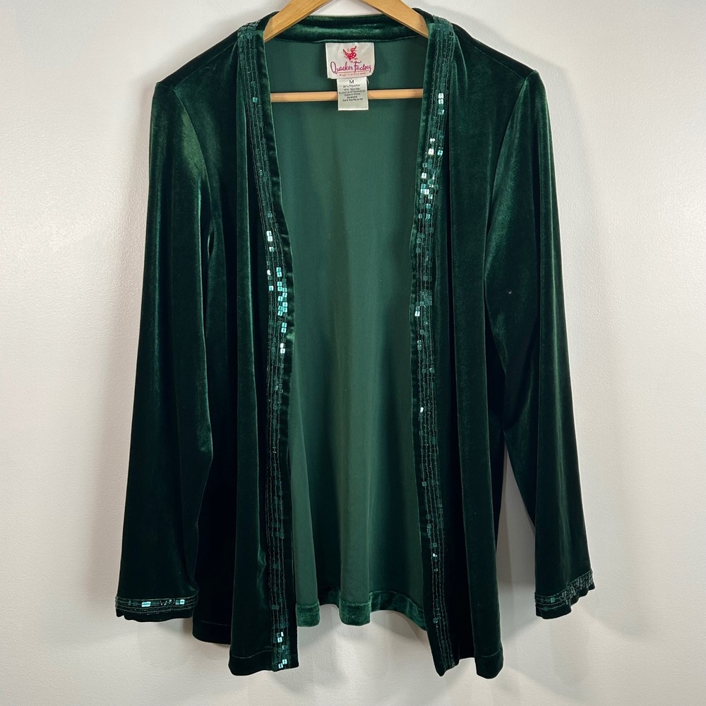 Quacker Factory Womens‎ Green Velvet Sequin Trim Cardigan Size  M